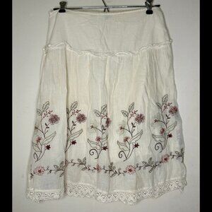 LULUMARI ANTHROPOLOGIE Bohemian White Embroidered Floral Midi Cotton Skirt SZ SM